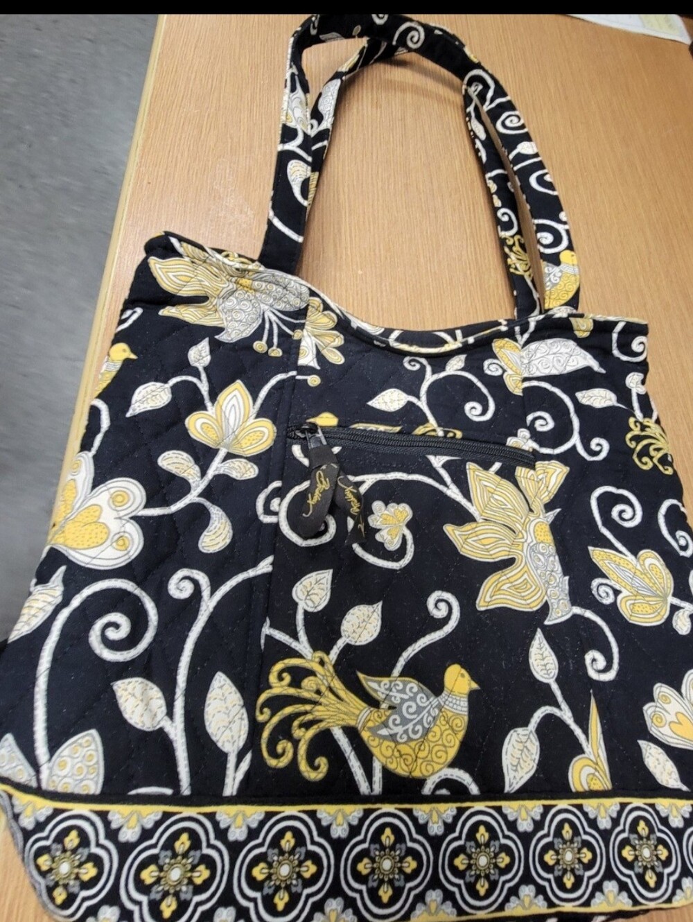 Vera Bradley Black Yellow Floral Bird Quilted Tote Bag